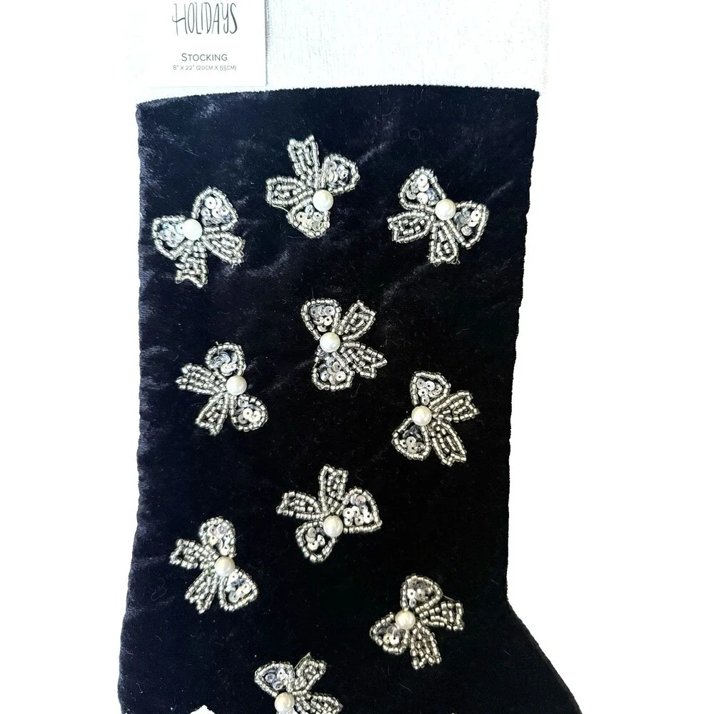 Artisan de Luxe Christmas Stocking Black Velvet Bow Pearls Beads Sequins 22